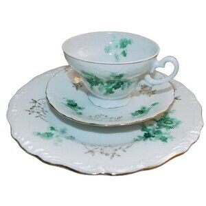 Pretty Green Floral Teacup & Saucer TRIO Made in Japan